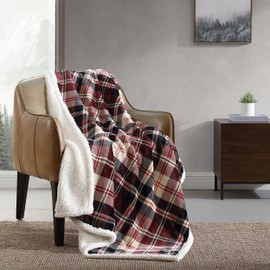 Eddie Bauer- Throw Blanket, Super Soft Reversible Sherpa Fleece Bedding, Ideal Christmas & White Elephant Gifts, Cozy Plaid Throw Blankets for Couch (Trailhead Plaid Red, Throw)