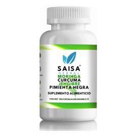 Moringa + Cúrcuma + Jengibre + Pimienta Negra | 100 Cáps | SAISA HERBAL | Inmunidad y Desinflamación Natural | Potenciado