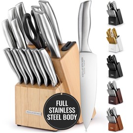 Zulay Premium Quality 15-Piece Knife Set with Natural Wood Block, Ultra Sharp, One-Piece Design Stainless Steel Knives Engineered for Precision Cutting, Durable and Rust-Proof, with Built-in Sharpener