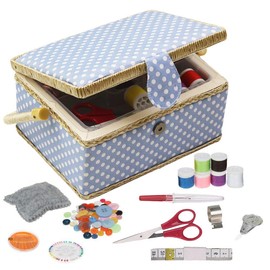 Sewing Box with Sewing Kit Accessories, D&D Wooden Sewing Basket Organizer with Accessories for Home, Travel, Blue Polka Dot