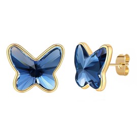 EVEVIC Austrian Crystal Butterfly Stud Earrings for Women S925 Sterling Silver Post with 14K Gold Plated Hypoallergenic Jewelry Gift (Dark Blue)