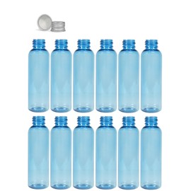 Premium Essential Oil 2 Ounce Cosmo Round Bottles, PET Plastic Empty Fillable BPA-Free, with Silver Aluminum Lined Non-Dispensing Caps (Pack of 12) (Light Blue)