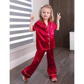 Arshiner Girls Pajamas Silk Satin Button Down Pjs 2 Piece Short Sleeve Sleepwear Set Red 7-8 Years