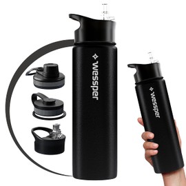 Wessper Stainless Steel Water Bottle, 700 ml, Stainless Steel Sports and Outdoor Water Bottle with 3 Replacement Lids, Water Bottle for Hot and Cold Drinks, BPA-Free, Black