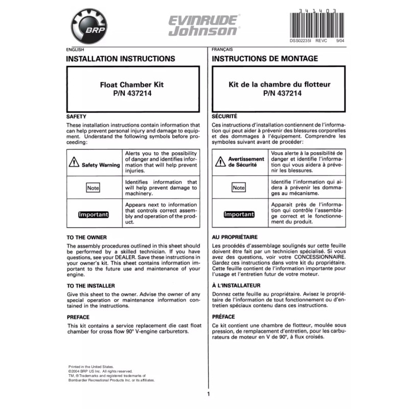 Johnson Evinrude 0437214 Carburetor Float Chamber