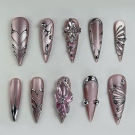 Flower Press on Nails Butterfly Fake Nails with Silver Design Long Stiletto False Nail Glitter Glue on Nails Glossy Full Cover Stick on Nail for Women Girls Manicure 30Pcs