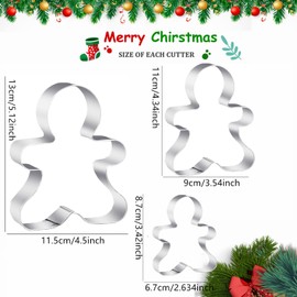 3PCS Gingerbread Man Cookie Cutters, 5.12" 4.34" 3.42" Large Christmas Cookie Molds -Stainless Steel Holiday Biscut Cutter Shapes for Baking Gift