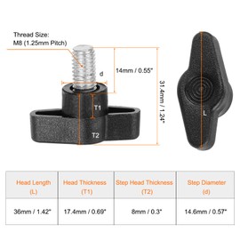 HARFINGTON 20pcs Wing Knobs M8 x 14mm Male Thread Plastic Tee Stud Knobs T Threaded Handles Hand Clamping Tightening Thumb Screws Thumbscrew, Black