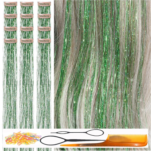CelineBella Green Hair Tinsel Clip in Hair Strands for Party