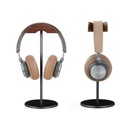 QinCoon Headphone Stand, Walnut Wood & Aluminium Headset Stand, Nature Walnut Gaming Headset Holder with Solid Heavy Base for All Headphone Sizes (Black)