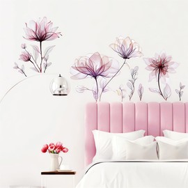 Ink Style Light Pink Flowers Wall Stickers, sacinora Lotus Peony DIY Floral Art Wall Decals Removable Vinyl Peel and Stick for Living Room Bedroom Nursery Toddler Room Decorations
