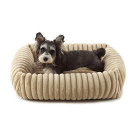 Dog Beds for Small Dogs, Washable Orthopedic Dog Bed with Removable Cover, Rectangle Soft Calming Sleeping Puppy Bed Durable Pet Cuddler with Anti-Slip Bottom, 20"x19"x6" Beige