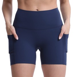 Aoxjox - Pantalones cortos de entrenamiento para mujer con bolsillo con control de abdomen de cintura alta, atlético, gimnasio, correr, yoga, 5 pulgadas, marino, X-Large