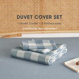 Wake In Cloud - Gingham Cotton Duvet Cover Set, Plaid Buffalo Check Checkered Farmhouse, 100% Washed Cotton Textured Percale Bedding Set, 3 Pieces, Greyish Blue White, King Size