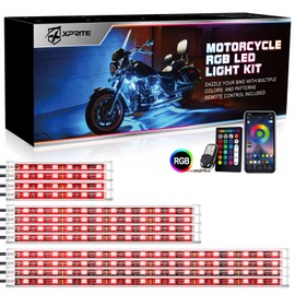 Xprite Motorcycle LED Underglow Kit, Bluetooth with Wireless Remote Control RGB Multi-Color Underbody Neon Glow Lights, Waterproof Silicone Sealed Strip Red Brake Lamp Function, 12 PCS