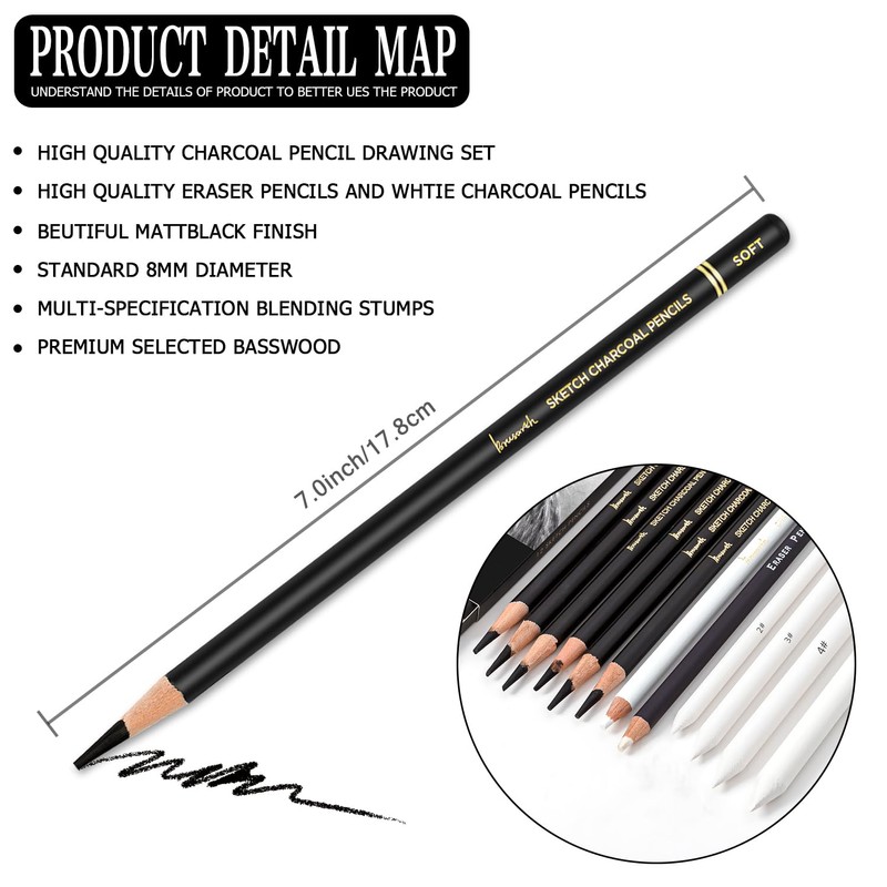 Brusarth Charcoal Drawing Set -12 pc Black charcoal pencils, White