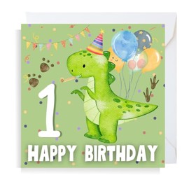 Second Ave Dinosaur 1st Birthday Age 1 Square Children's Kids Birthday Greeting Card for Boy or Girl