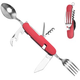 BUKYCAT Multifunktionales Klappgeschirr, 6 in 1 Camping Besteck Set, Outdoor Survival Reisebesteck, Klappbar Edelstahl Klappbesteck mit Aufbewahrungstasche für Camping und Wanderungen (6 in 1（Rot）)