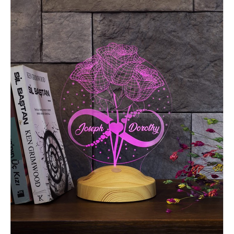 Personalisierte Rose-Leuchte mit Namensgravur als Geschenk-Idee für besondere Glücksmomente:Hochzeit, Geburtstag,
