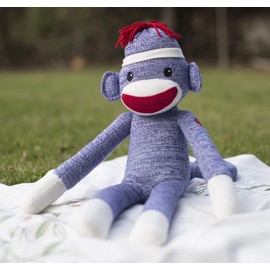 Plushland Adorable Blue Sock Monkey, The Original Traditional Hand Knitted Stuffed Animal Toy Gift-for Kids, Babies, Teens, Girls & Boys Baby Doll Present Puppet 20"