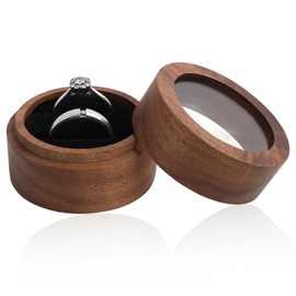 Fllyvly Solid Walnut Ring Box (Coffee, 5 x 3.5 cm) - Round Velvet Ring Box with Clear Window, Wedding Ring Box for Engagement, Marriage Proposal and Wedding, Wooden Jewellery Box, 2 Slots for Rings