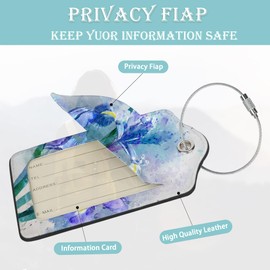 Flower Luggage Tag,Blue Iris Watercolor Luggage Tags of Set 2 Leather Identifiers Privacy Cover with Stainless Steel Loop for Women Men Travel Bag Suitcase