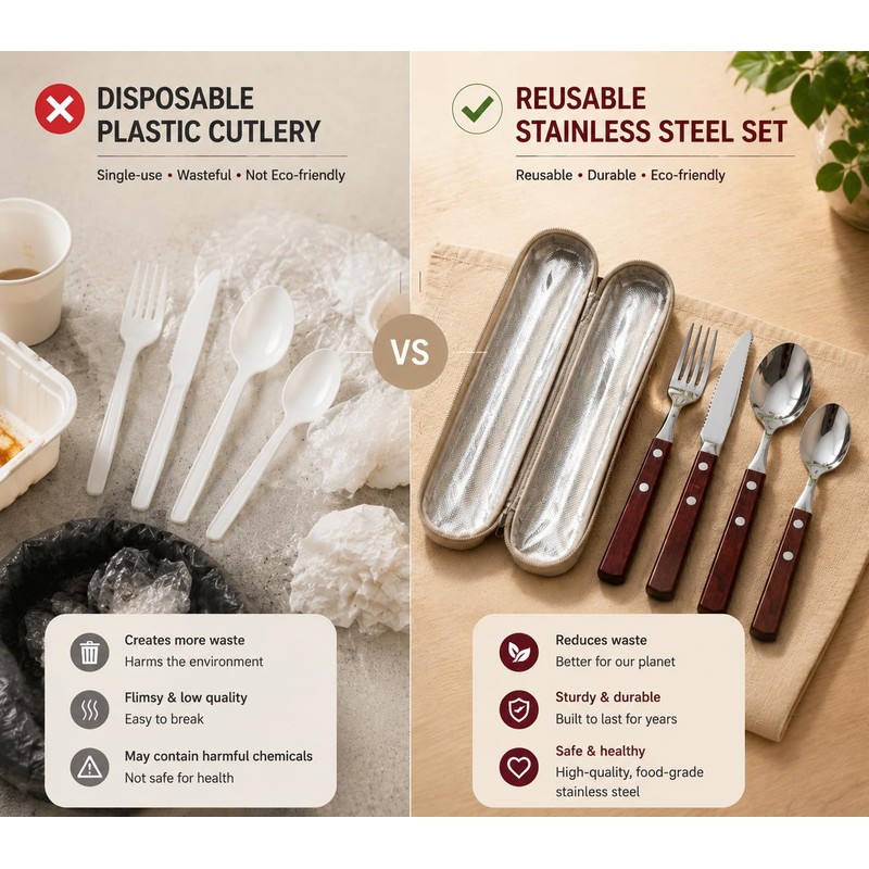 SNAILBREAD Portable Travel Utensils with Case, 4-Piece Stainless Steel Silverware