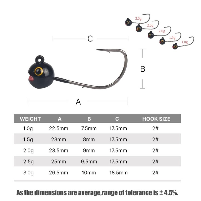 MUUNN 10Pcs Tungsten Jig Head Fishing Hooks， Weedless Round Jig