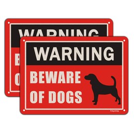 Beware of Dog Signs, 10x 7 Inches Metal Dogs Warning Sign for Fence Yard Door Gate Lawn, Metal Reflective Sturdy Rust Aluminum Weather Resistant Waterproof Durable Ink Easy to Install 2 pack