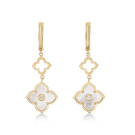 Mother of Pearl with Cubic Zirconia Flower Dangling Drop Earrings for Women in 925 Sterling Silver with Yellow Gold Plating and Hinged Back by Lavari Jewelers