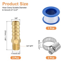 sourcing map 2Pcs Brass Hose Barb Fittings, 3/8" Barb x 1/8" NPT Male Hose Connector with Hose Clamps for Water Fuel Gas Oil Transportation