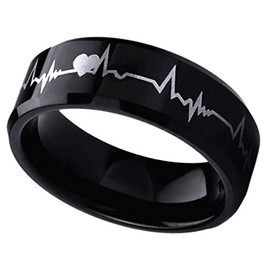 DoubleAccent 8mm Titanium Black Wedding Bands Promise Rings Forever Love Heartbeat Comfort Fit Ring
