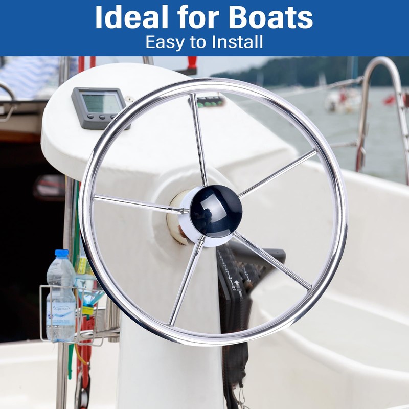 Amarine-made13-1/2 Inch 5-Spoke Destroyer Style Stainless Boat Steering Wheel