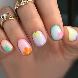 24 Pcs Extra Short Press On Nails Square,YEFIUO Summer Fake Nails Press ons Nail Art Tip Acrylic Nail Kit Glue on Nails Full Cover False Nail with Yellow Pink Ombre Flowers Glossy Design for Ma'am