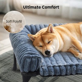 Veehoo Cooling Elevated Dog Bed Add Removable Fluffy Plush Pillow Cushion, 35" x 22" Washable Dog Couch Bed, Raised Pet Cot with Breathable Teslin Mesh, No-Slip Feet, Haze Blue, CWC2439C