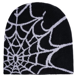 hoyuwak Black Beanie Y2k Beanie Graphic Spider Web Knitted Winter Hat Crochet Goth Skull Cap Headwear for Women Men Christmas Cold Weather Rave