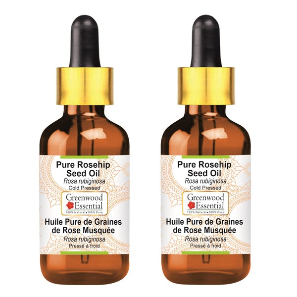 Greenwood Essential Pure Rose Hip Seed Oil (Pink Ruiginosa) with Glass Dropper Natural Therapeutic Quality Cold Pressed (Pack of Two) 100 ml x 2 (6.76 oz)