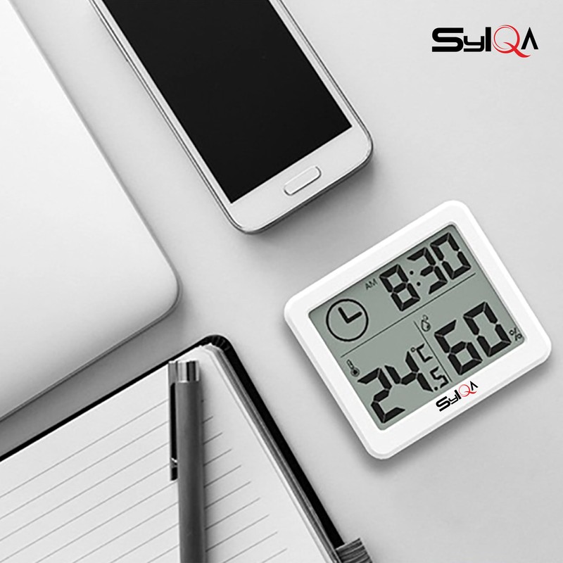 SYLQA Room Thermometer with Clock - Smart Mini Thermometer &