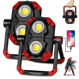 Yzoni 2 Pack LED Work Light Rechargeable, 2 COB 2500LM Folding Portable Flood Light with Magnetic Base and 360° Rotation Stand, Spotlights for Camping Car Repairing Emergency Job Site Lighting