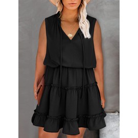 Eytino Plus Size Dress for Women V Neck Sleeveless Drawstrin Ruffle Layer Flowy Mini Short Dresses,2X Black