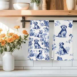 Decorative Kitchen Tea Towels Set of 2, Vintage Blue Schnauzer Dog and Floral Waffle Tea Towel,Absorbent Dish Towel for Kitchen or Bathroom, Housewarming and Birthday Gift for Women 16x24Inch