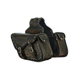 Biker Leather Motorbike Distressed Brown Leather Saddlebag Studded &Braided Motorcycle Luggage