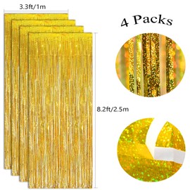 4Pcs Gold Tinsel Curtain Metallic-12.8x8.2 Feet,Slmeno Glitter Gold Fringe Curtain,Gold Party Curtain,Gold Tinsel Backdrop,Gold Streamer Backdrop,Gold Foil Fringe Curtain,Gold Glitter Backdrop Curtain