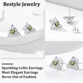 Bestyle Stelring Silver Women Celtic Cross Earring Tiny Cute Heart Celtic Cross Stud August Synthetic Peridot Birthstone Earrings Jewelry Gifts Gift for Mom Wife Her