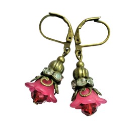 Dusty Rose Acrylic Flower Crystal Ring Earring Bronze Lever Back Adorable Statement Jewelry Earrings for Women