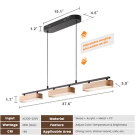 Glimchase 37.6" Linear Kitchen Island Lighting, 28W Wood Farmhouse Chandelier Dining Room Light Fixture, 3-Light Rustic Dimmable Pendant Lights for Kitchen Island Over Table