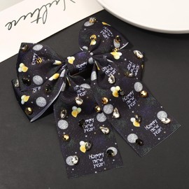 Happy New Year Hair Bows for Women, New Year’s Eve Hair Clips, Glitter Star Clock Champagne Hair Bows, Jeweled Rhinestone Black Bow Hair Ribbons New Year Outfits Holiday Accessories Gifts (Pattern E)