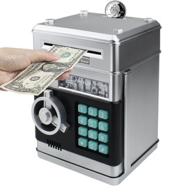 HUSAN Electronic Money Bank, Electronic Password Piggy Bank Mini ATM Cash Coin Money Box for Kids, Best Birthday Gift Toy for Children, Boys & Girls (Silver)