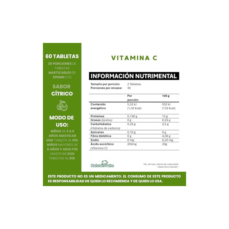 Vitamina C 500mg tabletas masticables bajas en azúcar, suplemento alimenticio,