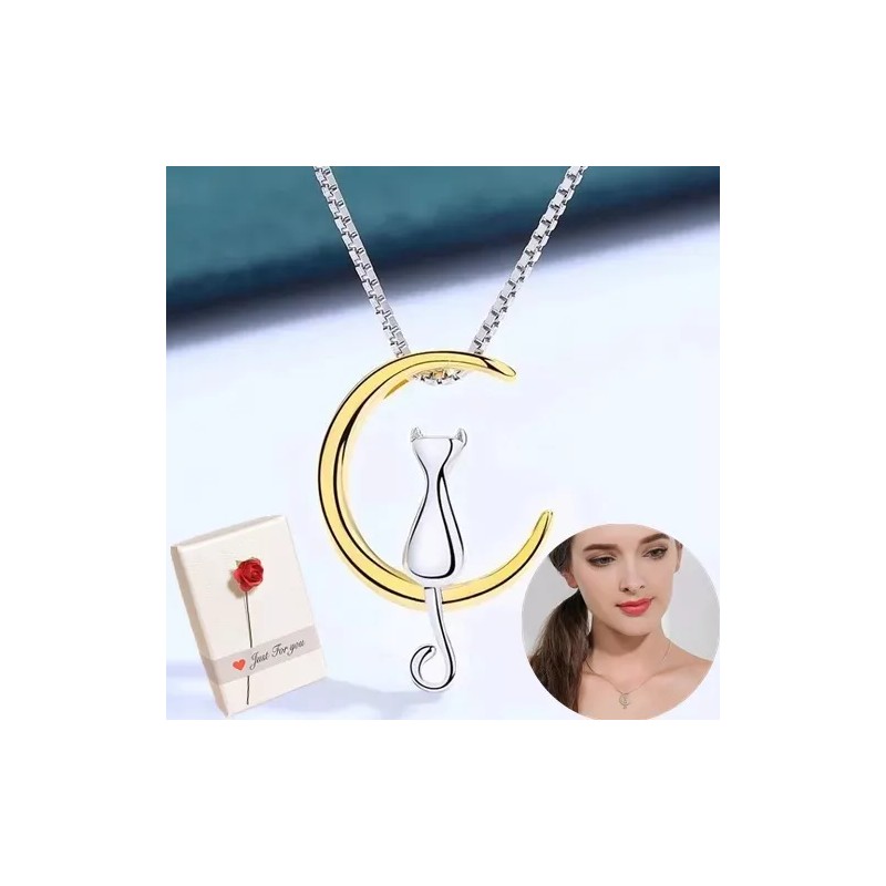 KS Collar De Plata S925 Luna Gato Colgante Regalo Para